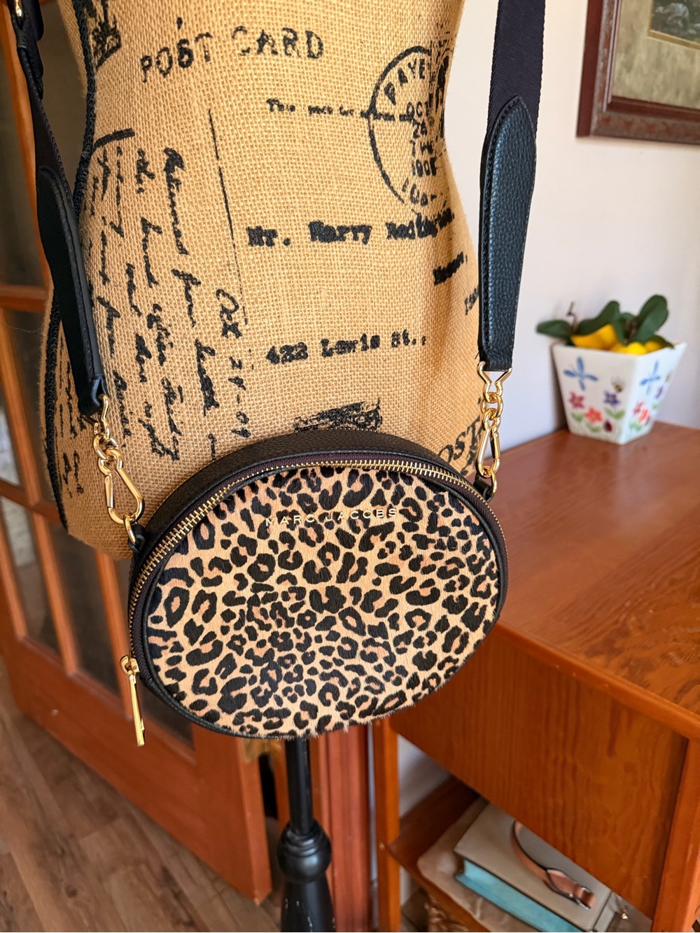 Leopard Print Round Crossbody Bag - Black/Beige